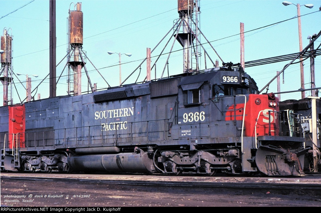 Southern Pacific, SP 9366, SD45T-2, at the engine terminal Houston, Texas. September 14, 1982. 